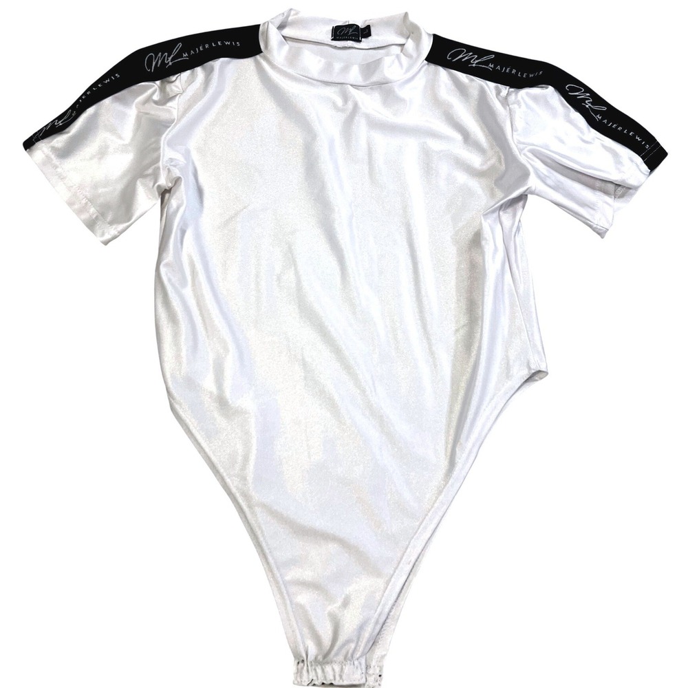 Majer Lewis Womens White Metallic Logo Tape Mock Neck Streetwear Bodysuit Large